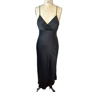 Zara Black Satin Maxi High Slit Camisole Slip Dress sz S Hollywood Glamour Gown